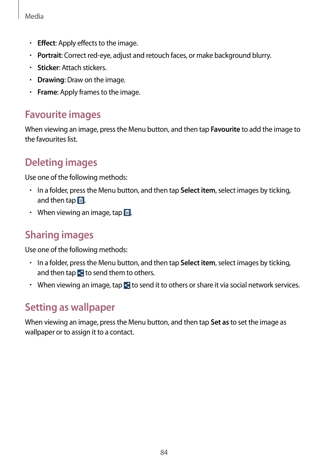 Samsung GT-I9295 user manual Favourite images, Deleting images, Sharing images, Setting as wallpaper 