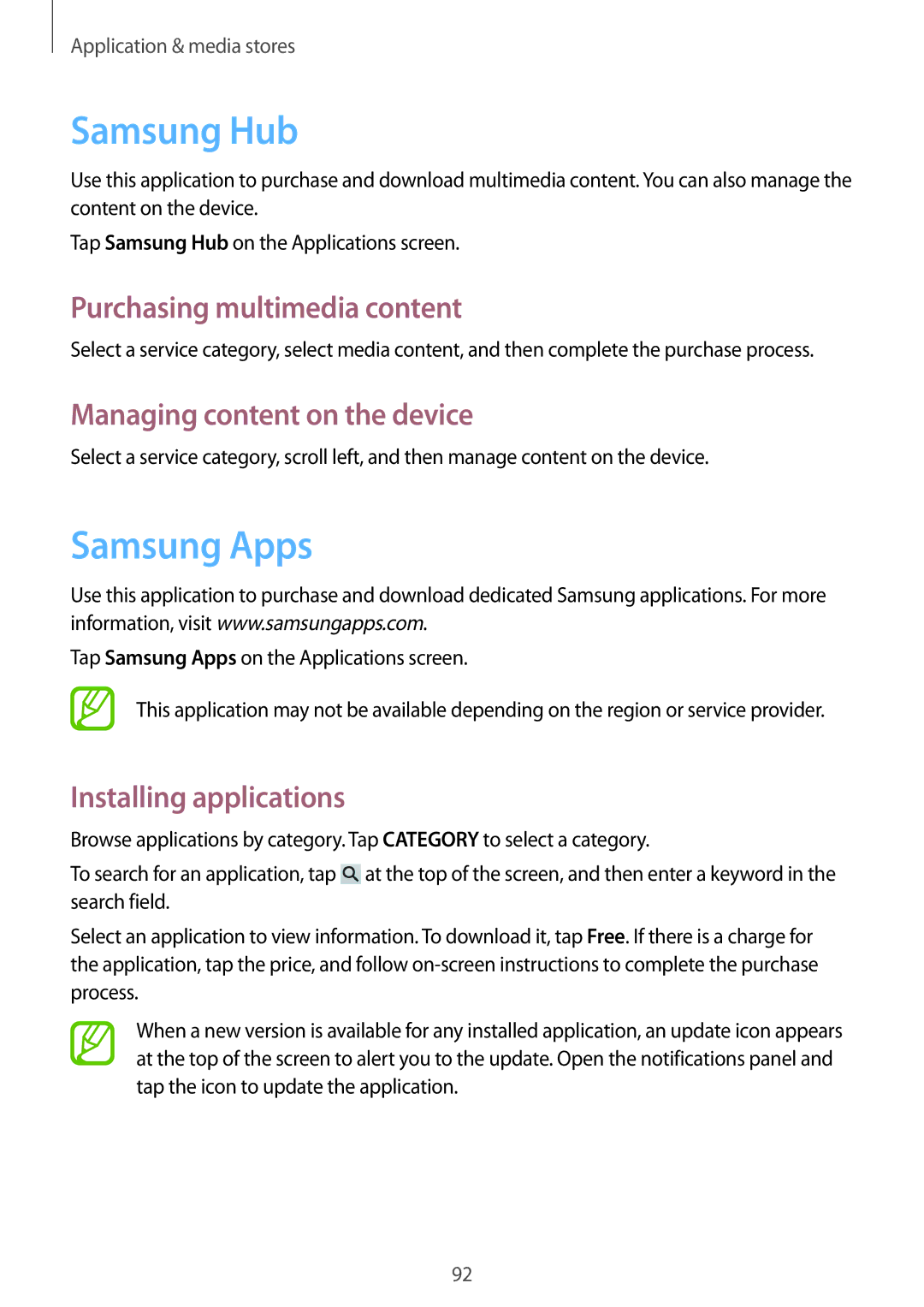 Samsung GT-I9295 user manual Samsung Hub, Samsung Apps, Purchasing multimedia content, Managing content on the device 