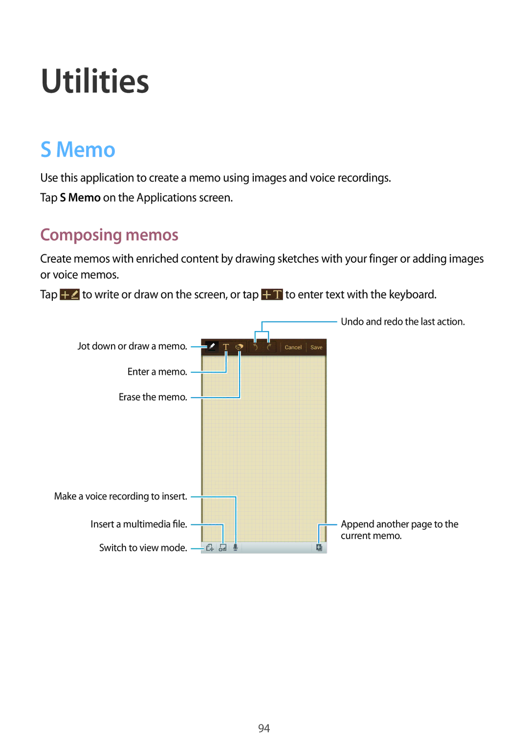 Samsung GT-I9295 user manual Utilities, Memo, Composing memos 