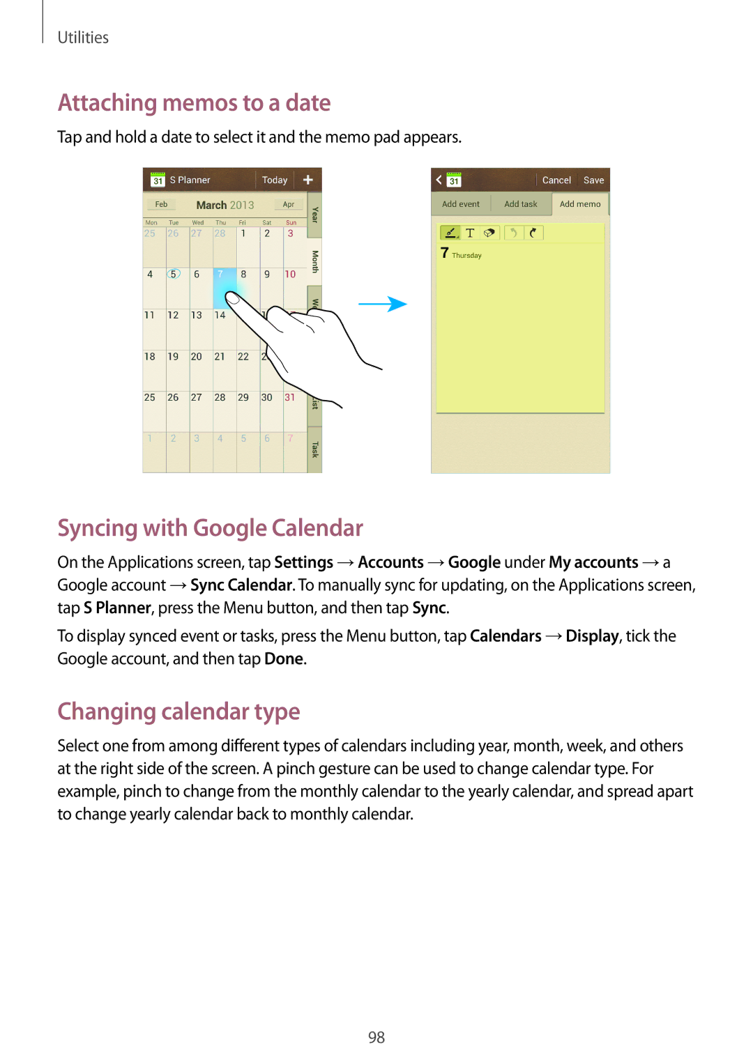 Samsung GT-I9295 user manual Attaching memos to a date, Syncing with Google Calendar, Changing calendar type 