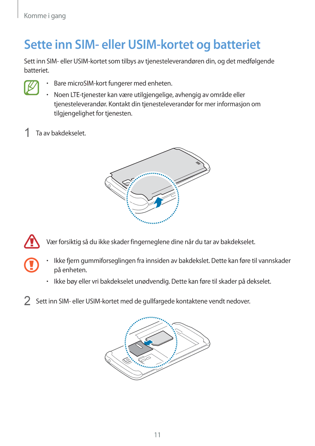 Samsung GT-I9295ZOANEE, GT-I9295MOANEE, GT-I9295ZBANEE, GT-I9295ZAANEE manual Sette inn SIM- eller USIM-kortet og batteriet 