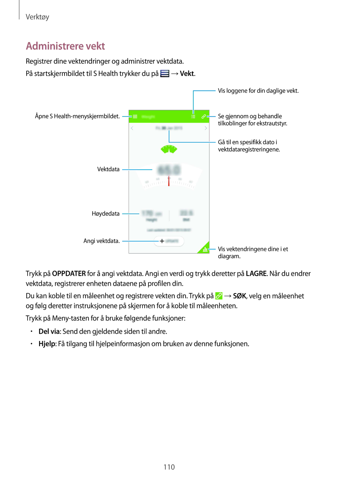 Samsung GT-I9295ZAANEE, GT-I9295MOANEE, GT-I9295ZBANEE, GT-I9295ZOANEE manual Administrere vekt, →Vekt 