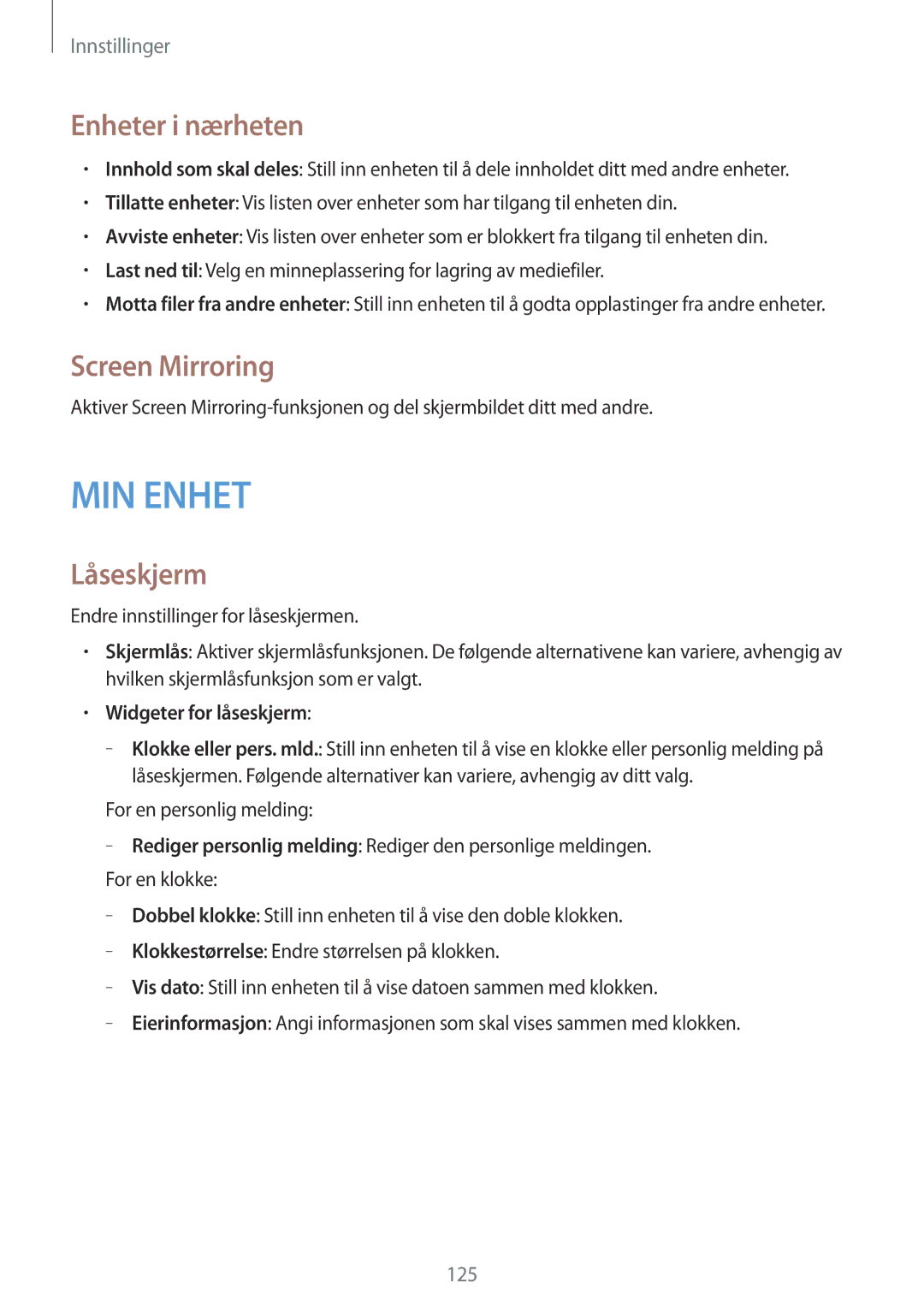 Samsung GT-I9295ZBANEE, GT-I9295MOANEE manual Enheter i nærheten, Screen Mirroring, Låseskjerm, Widgeter for låseskjerm 