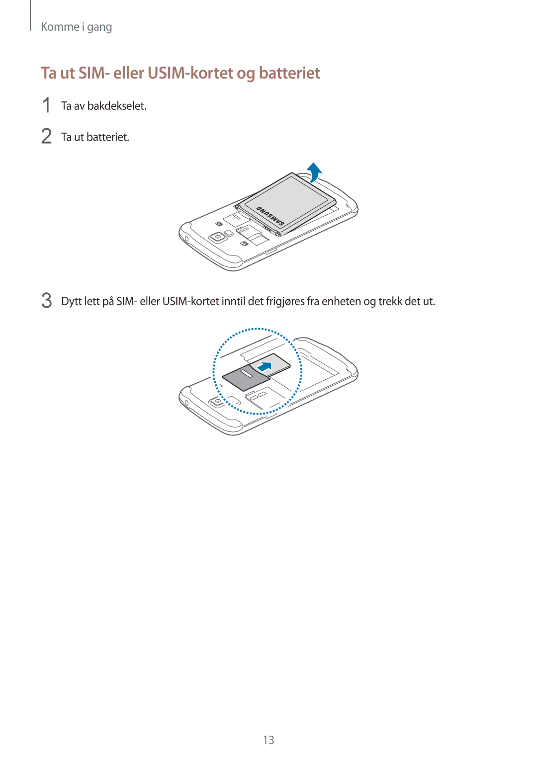 Samsung GT-I9295ZBANEE, GT-I9295MOANEE, GT-I9295ZAANEE, GT-I9295ZOANEE manual Ta ut SIM- eller USIM-kortet og batteriet 