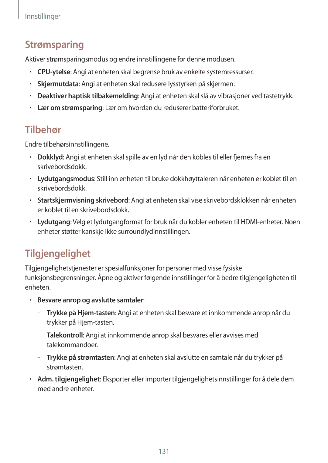 Samsung GT-I9295ZOANEE, GT-I9295MOANEE, GT-I9295ZBANEE, GT-I9295ZAANEE manual Strømsparing, Tilbehør 