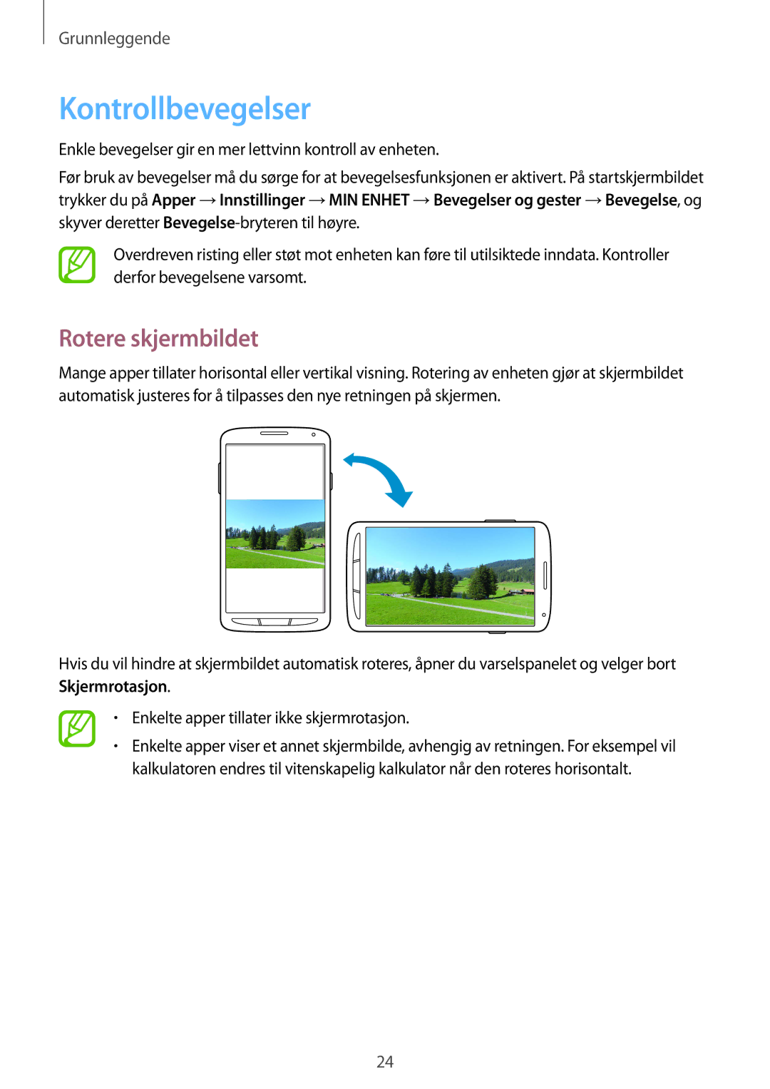 Samsung GT-I9295MOANEE, GT-I9295ZBANEE, GT-I9295ZAANEE, GT-I9295ZOANEE manual Kontrollbevegelser, Rotere skjermbildet 