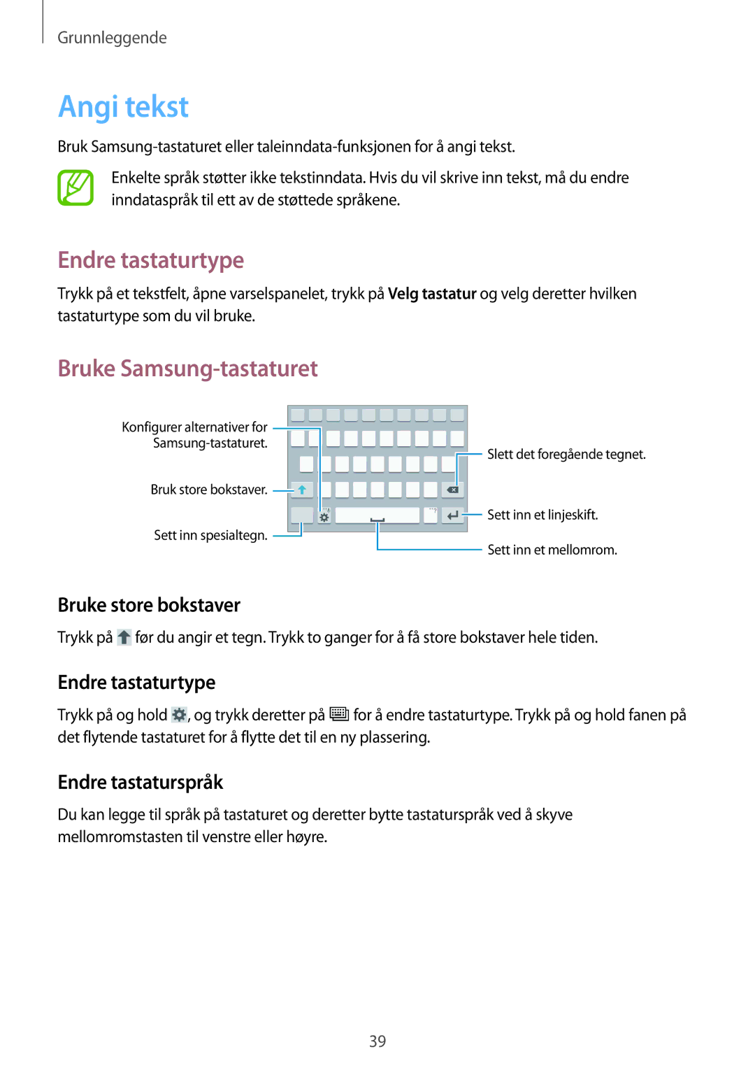 Samsung GT-I9295ZOANEE, GT-I9295MOANEE, GT-I9295ZBANEE manual Angi tekst, Endre tastaturtype, Bruke Samsung-tastaturet 