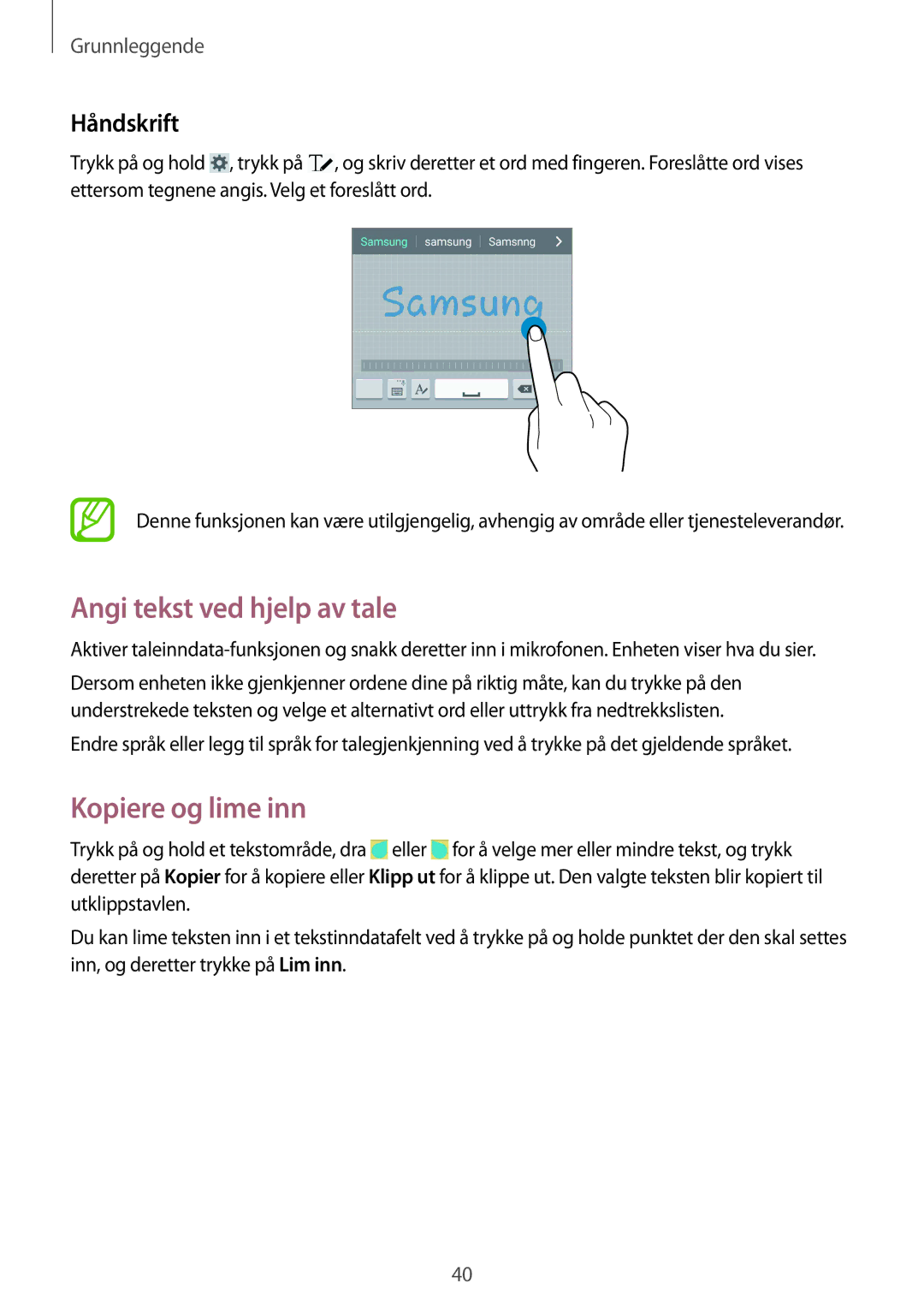 Samsung GT-I9295MOANEE, GT-I9295ZBANEE, GT-I9295ZAANEE manual Angi tekst ved hjelp av tale, Kopiere og lime inn, Håndskrift 