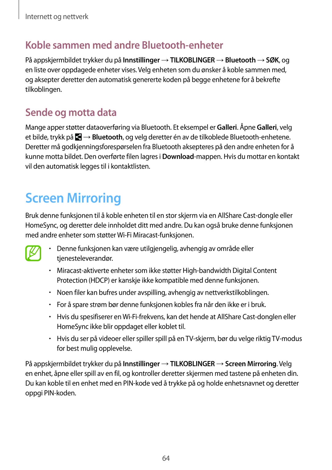 Samsung GT-I9295MOANEE, GT-I9295ZBANEE Screen Mirroring, Koble sammen med andre Bluetooth-enheter, Sende og motta data 