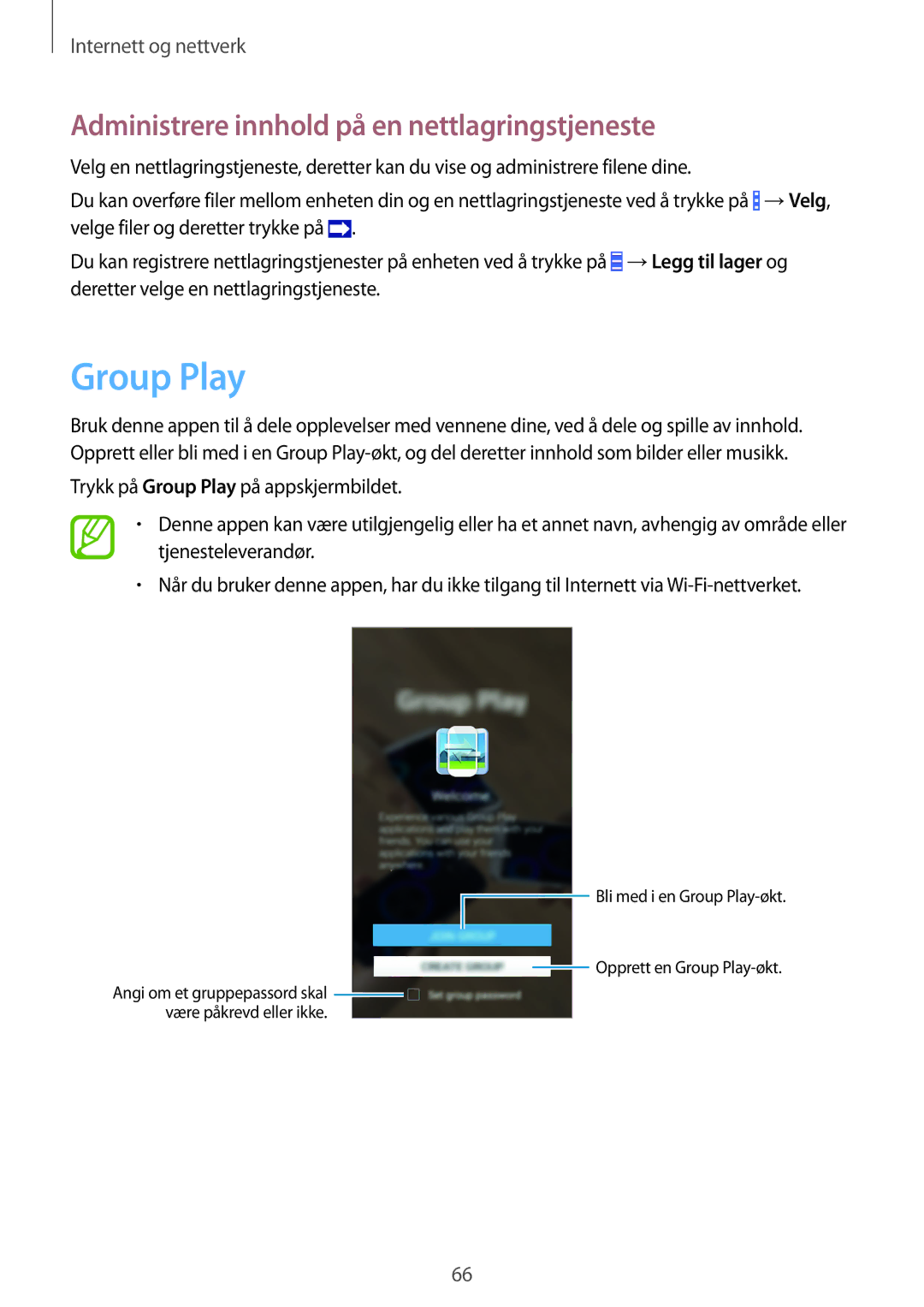Samsung GT-I9295ZAANEE, GT-I9295MOANEE, GT-I9295ZBANEE manual Group Play, Administrere innhold på en nettlagringstjeneste 
