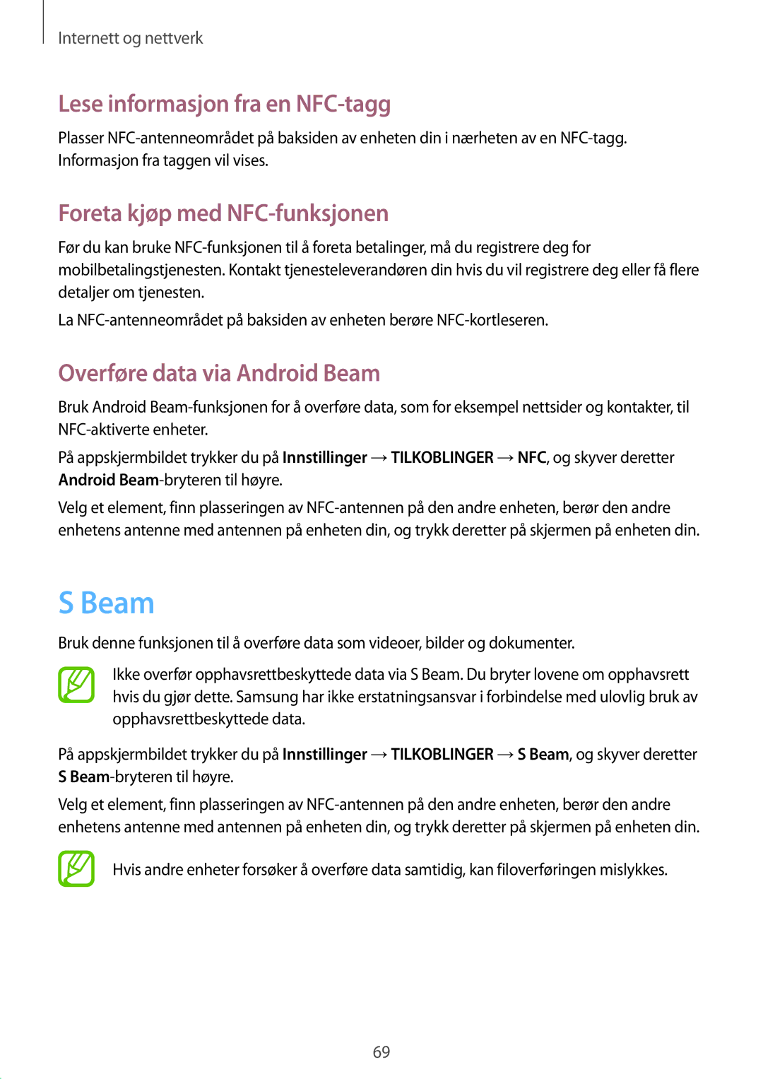 Samsung GT-I9295ZBANEE, GT-I9295MOANEE manual Beam, Lese informasjon fra en NFC-tagg, Foreta kjøp med NFC-funksjonen 