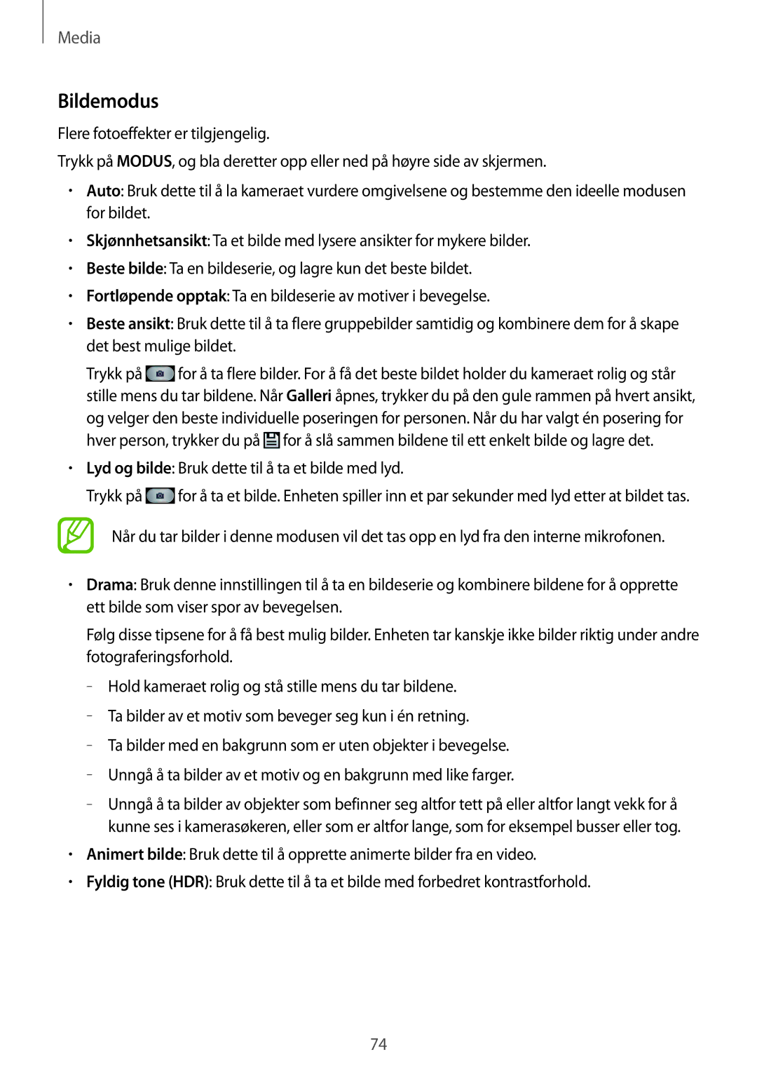 Samsung GT-I9295ZAANEE, GT-I9295MOANEE, GT-I9295ZBANEE manual Bildemodus, Lyd og bilde Bruk dette til å ta et bilde med lyd 