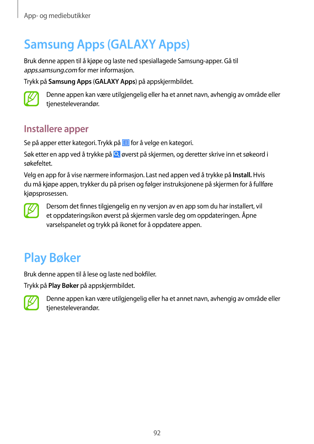 Samsung GT-I9295MOANEE, GT-I9295ZBANEE, GT-I9295ZAANEE, GT-I9295ZOANEE manual Samsung Apps Galaxy Apps, Play Bøker 