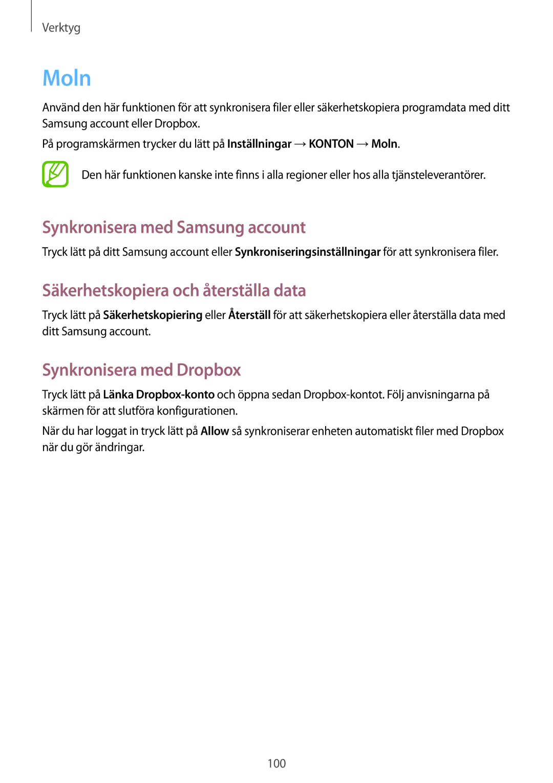 Samsung GT-I9295MOANEE, GT-I9295ZBANEE manual Moln, Synkronisera med Samsung account, Säkerhetskopiera och återställa data 
