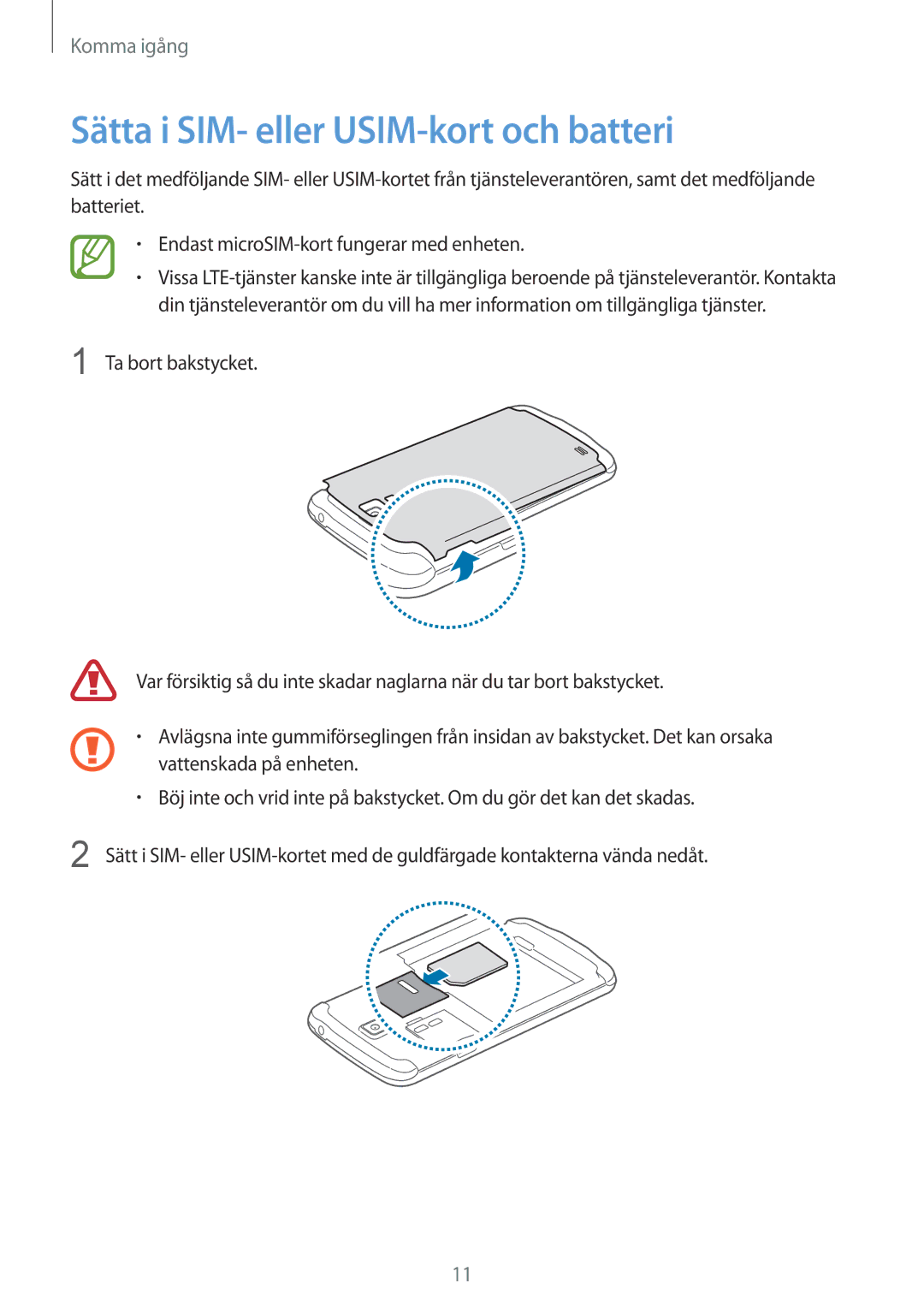 Samsung GT-I9295ZOANEE, GT-I9295MOANEE, GT-I9295ZBANEE, GT-I9295ZAANEE manual Sätta i SIM- eller USIM-kort och batteri 