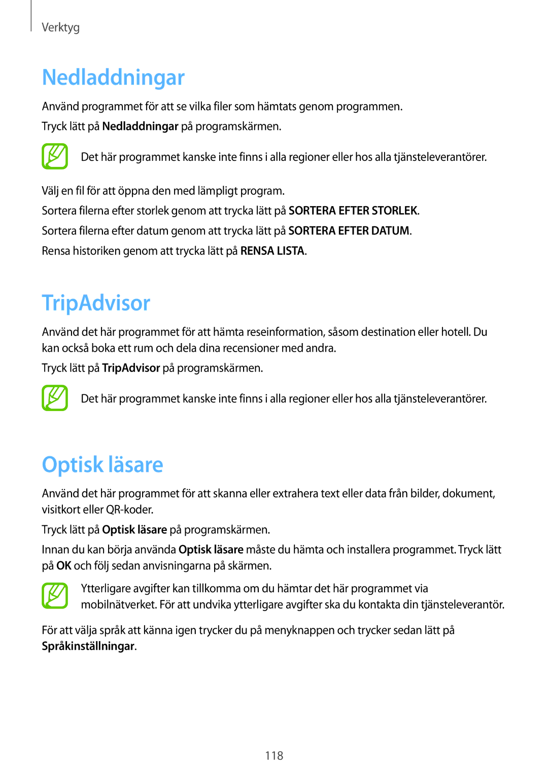 Samsung GT-I9295ZAANEE, GT-I9295MOANEE, GT-I9295ZBANEE, GT-I9295ZOANEE manual Nedladdningar, TripAdvisor, Optisk läsare 