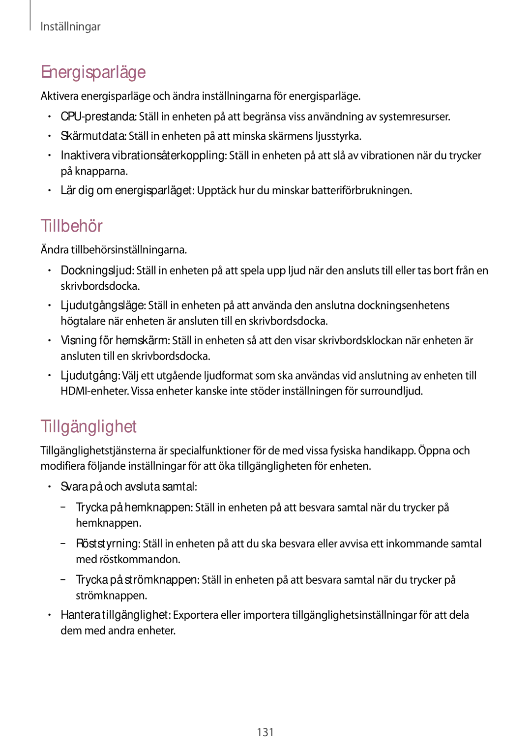 Samsung GT-I9295ZOANEE, GT-I9295MOANEE, GT-I9295ZBANEE, GT-I9295ZAANEE manual Energisparläge, Tillbehör, Tillgänglighet 