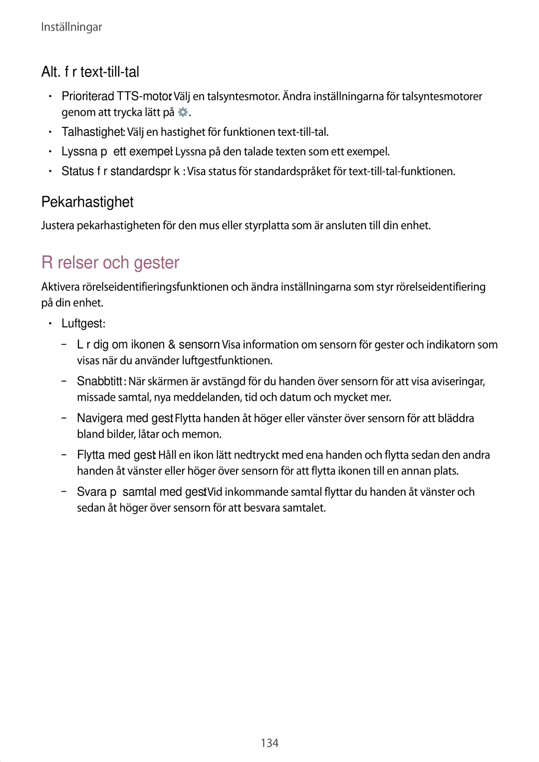 Samsung GT-I9295ZAANEE, GT-I9295MOANEE, GT-I9295ZBANEE manual Rörelser och gester, Alt. för text-till-tal, Pekarhastighet 