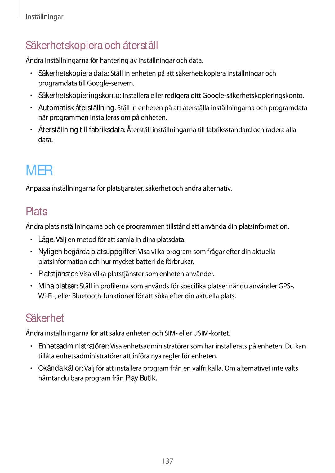 Samsung GT-I9295ZBANEE, GT-I9295MOANEE, GT-I9295ZAANEE, GT-I9295ZOANEE manual Säkerhetskopiera och återställ, Plats 