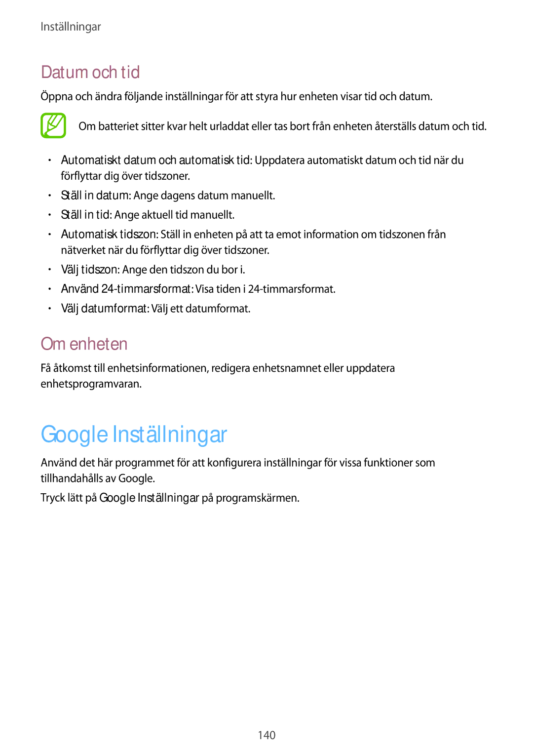 Samsung GT-I9295MOANEE, GT-I9295ZBANEE, GT-I9295ZAANEE, GT-I9295ZOANEE manual Google Inställningar, Datum och tid, Om enheten 