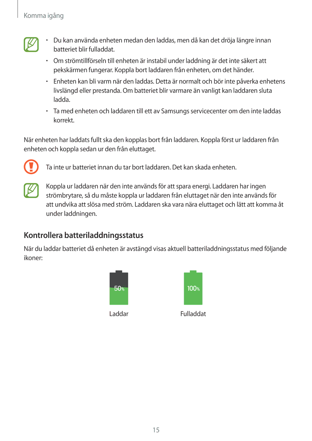 Samsung GT-I9295ZOANEE, GT-I9295MOANEE, GT-I9295ZBANEE, GT-I9295ZAANEE manual Kontrollera batteriladdningsstatus 