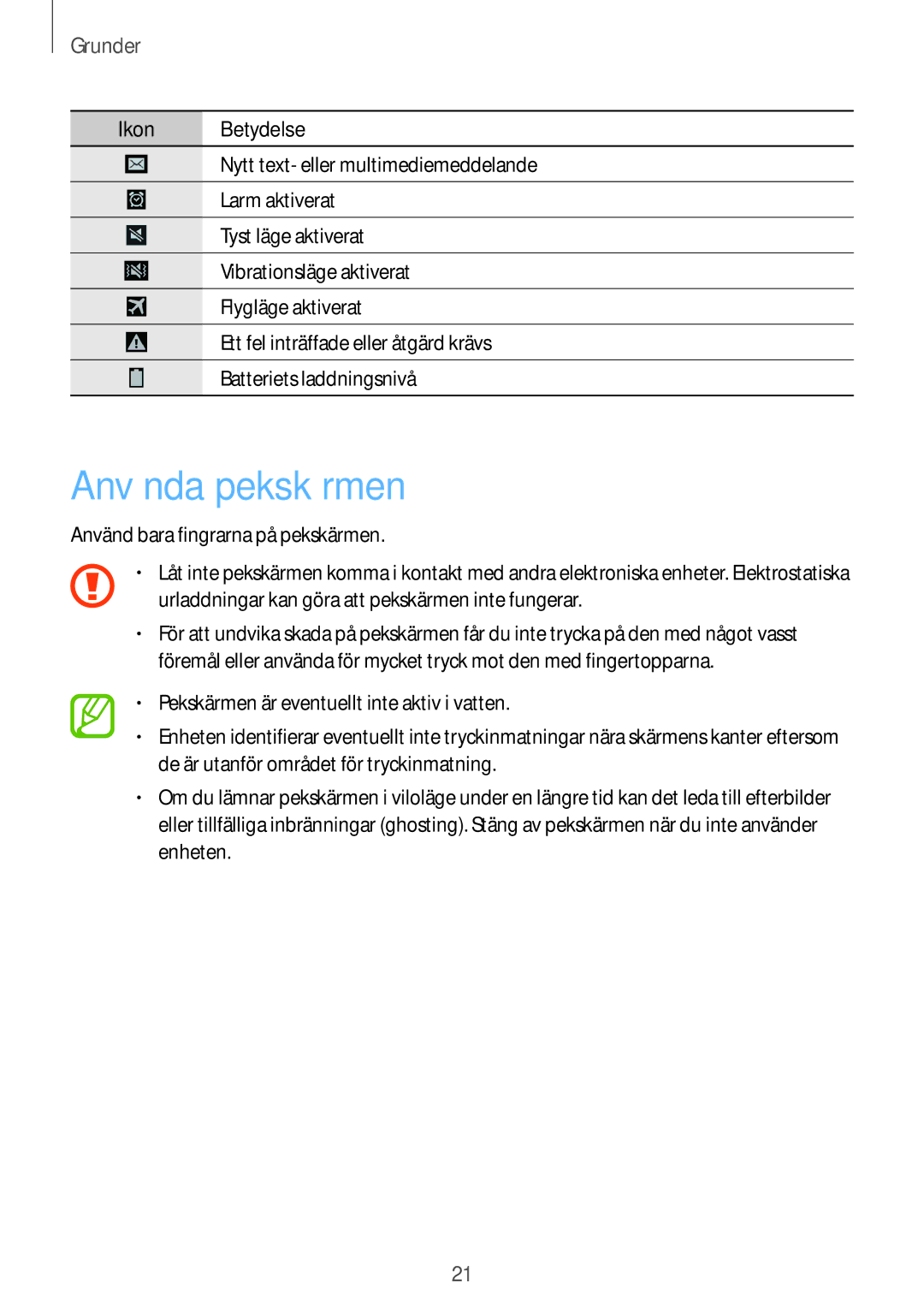 Samsung GT-I9295ZBANEE, GT-I9295MOANEE, GT-I9295ZAANEE, GT-I9295ZOANEE manual Använda pekskärmen, Grunder 