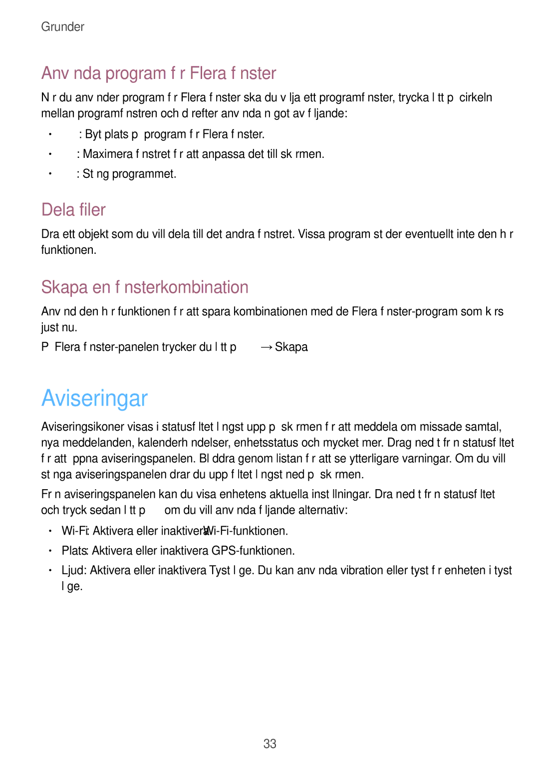 Samsung GT-I9295ZBANEE manual Aviseringar, Använda program för Flera fönster, Dela filer, Skapa en fönsterkombination 