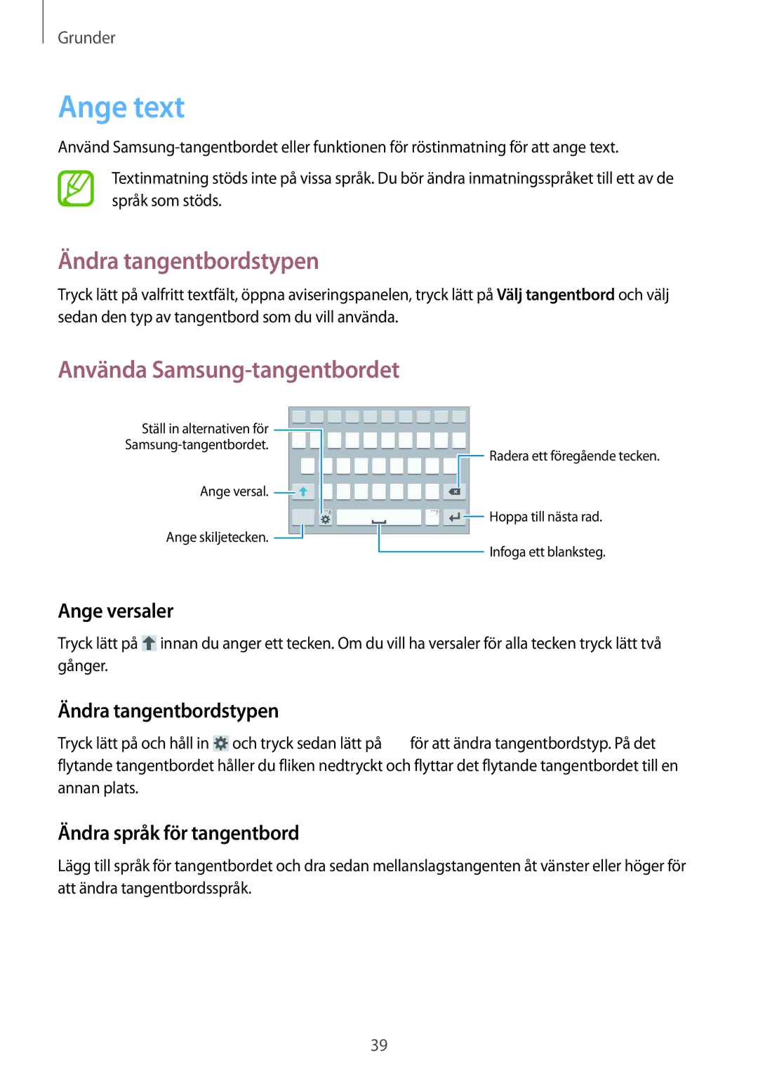 Samsung GT-I9295ZOANEE, GT-I9295MOANEE, GT-I9295ZBANEE Ange text, Ändra tangentbordstypen, Använda Samsung-tangentbordet 