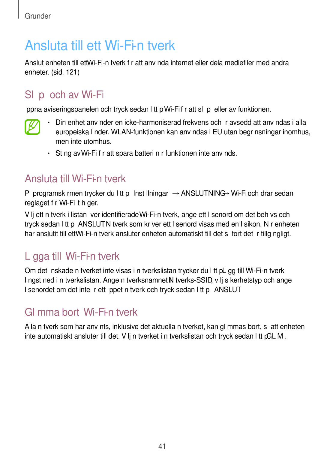 Samsung GT-I9295ZBANEE, GT-I9295MOANEE Ansluta till ett Wi-Fi-nätverk, Slå på och av Wi-Fi, Ansluta till Wi-Fi-nätverk 