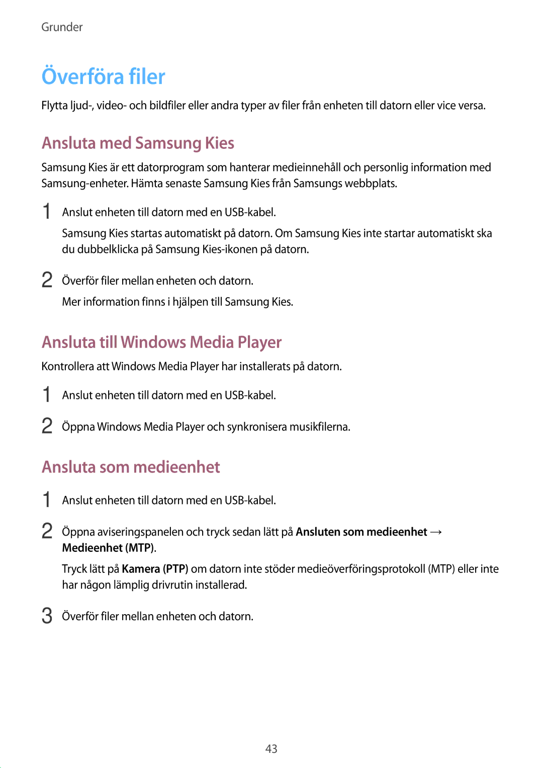 Samsung GT-I9295ZOANEE Överföra filer, Ansluta med Samsung Kies, Ansluta till Windows Media Player, Ansluta som medieenhet 