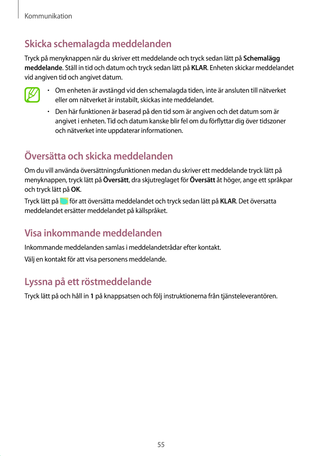 Samsung GT-I9295ZOANEE manual Skicka schemalagda meddelanden, Översätta och skicka meddelanden, Visa inkommande meddelanden 