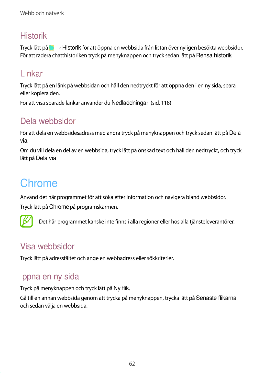 Samsung GT-I9295ZAANEE, GT-I9295MOANEE, GT-I9295ZBANEE, GT-I9295ZOANEE manual Chrome, Historik, Länkar, Dela webbsidor 