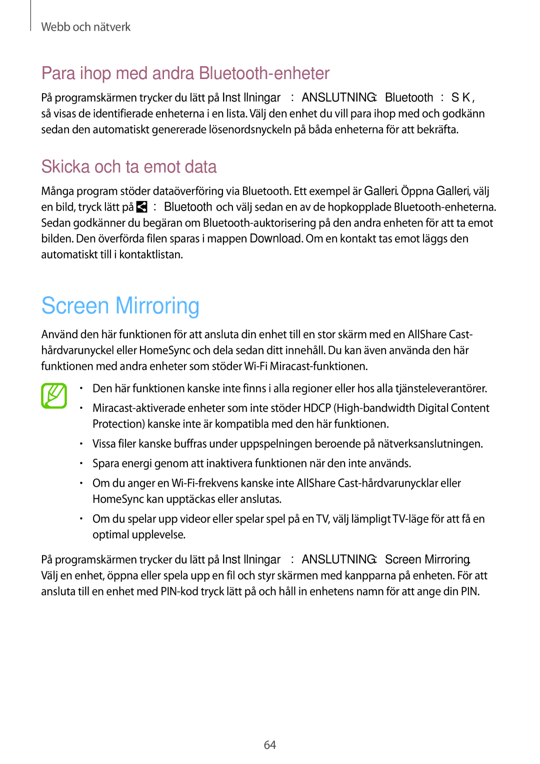 Samsung GT-I9295MOANEE, GT-I9295ZBANEE Screen Mirroring, Para ihop med andra Bluetooth-enheter, Skicka och ta emot data 