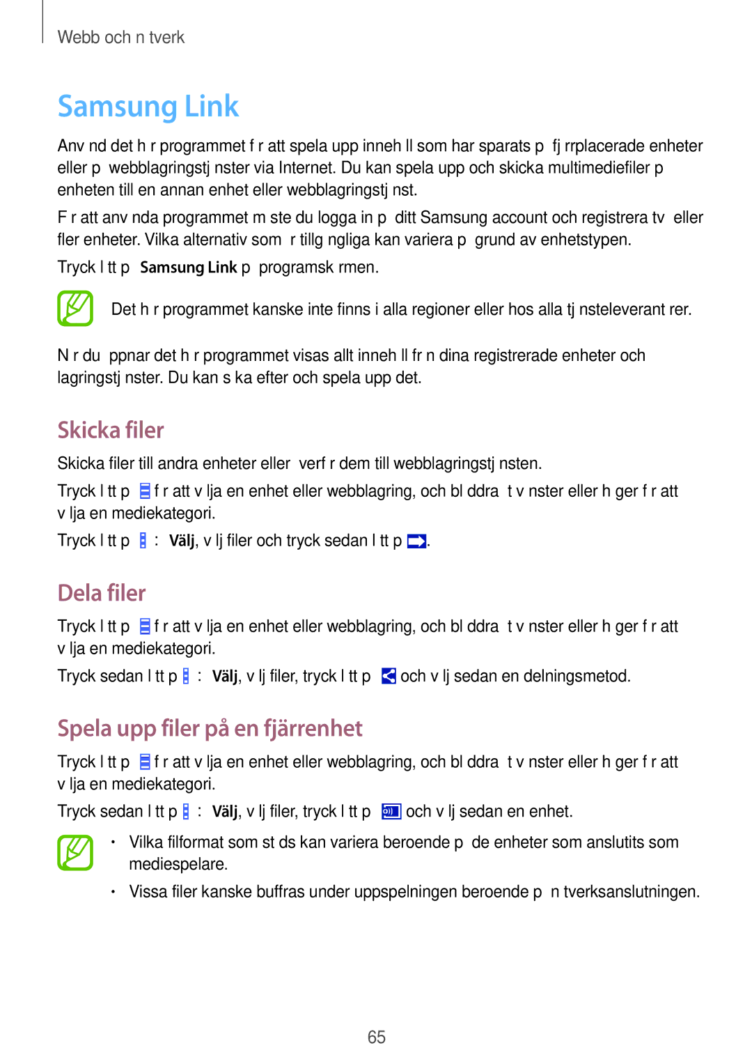 Samsung GT-I9295ZBANEE, GT-I9295MOANEE, GT-I9295ZAANEE manual Samsung Link, Skicka filer, Spela upp filer på en fjärrenhet 