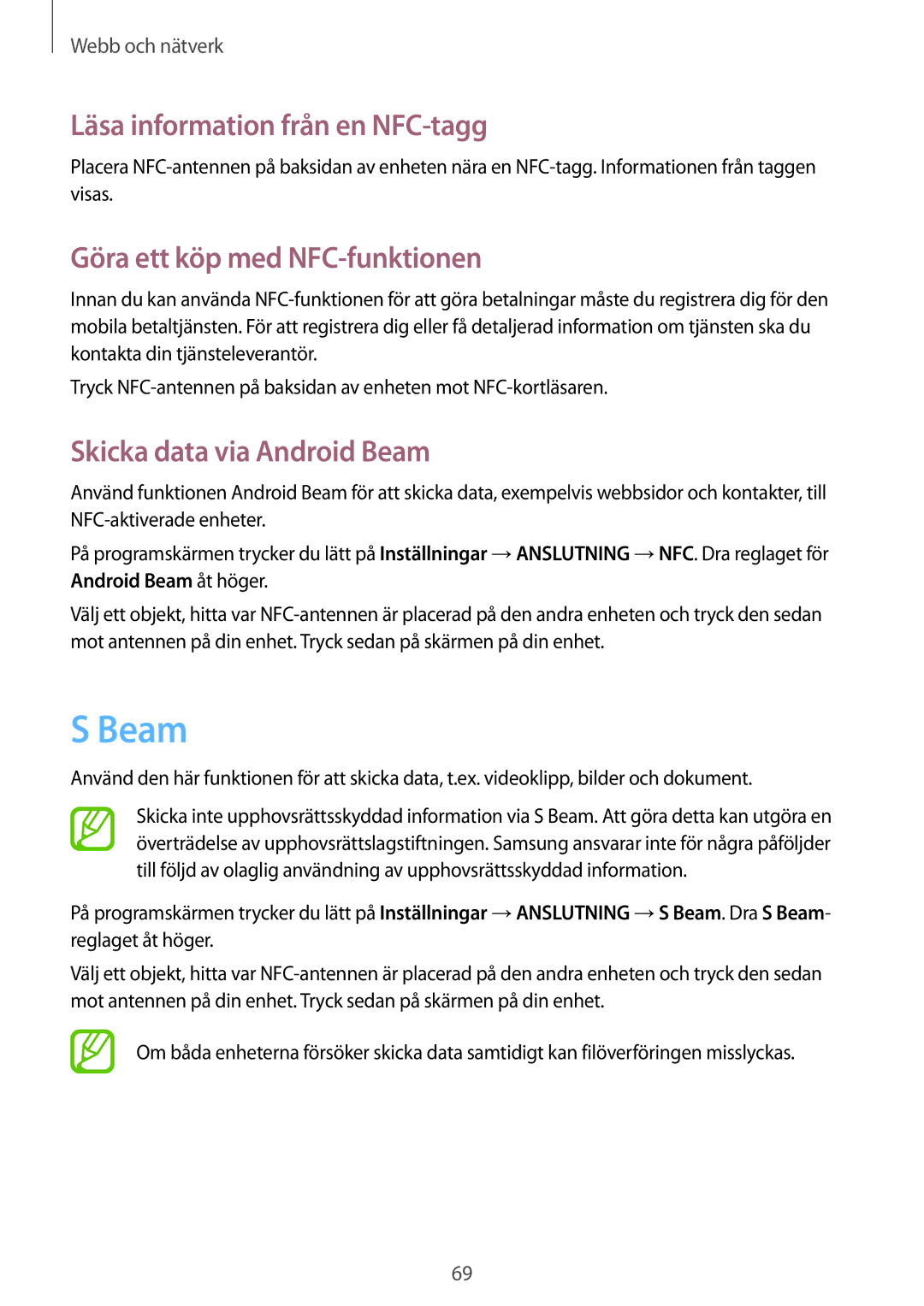 Samsung GT-I9295ZBANEE, GT-I9295MOANEE manual Beam, Läsa information från en NFC-tagg, Göra ett köp med NFC-funktionen 