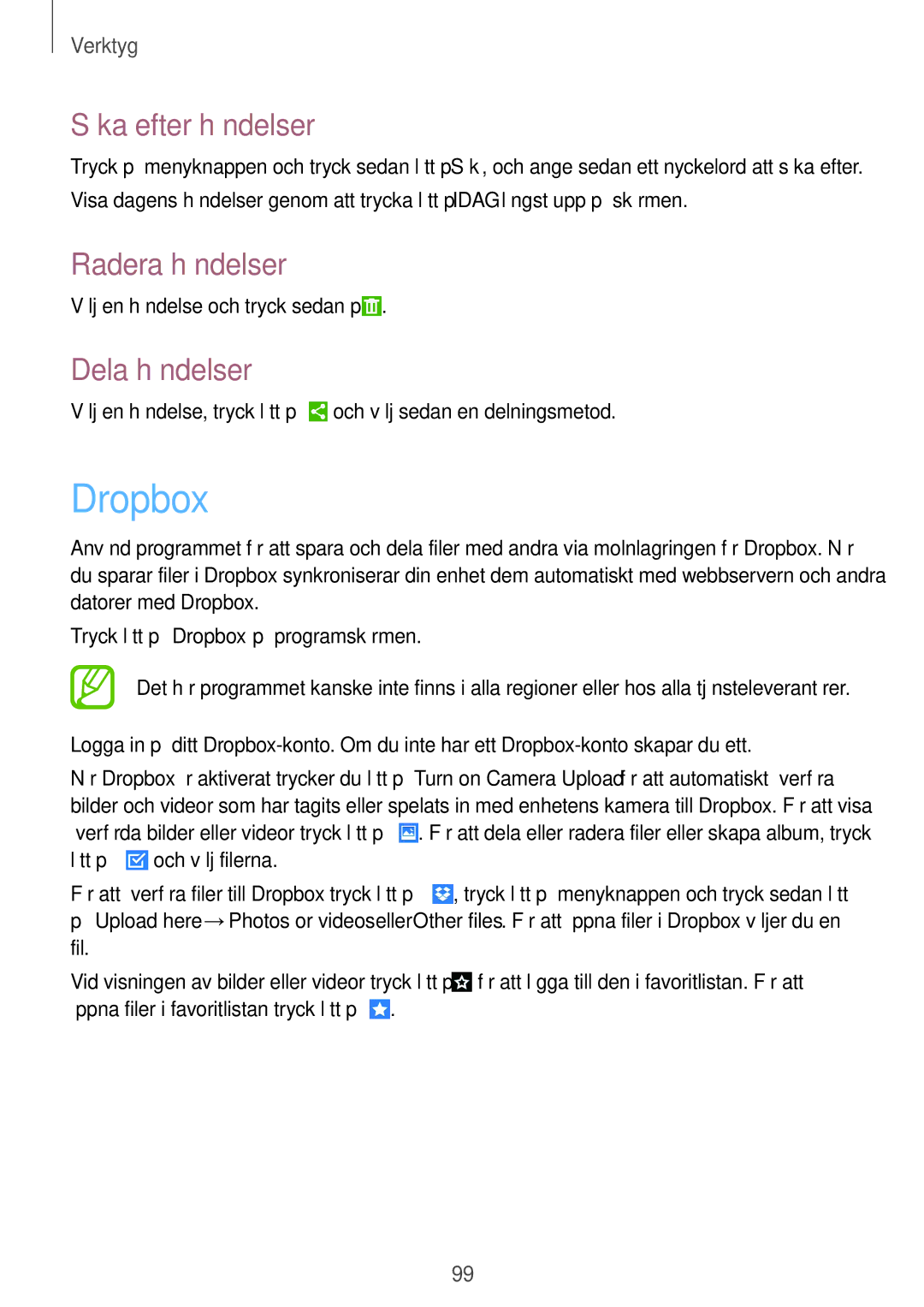 Samsung GT-I9295ZOANEE, GT-I9295MOANEE, GT-I9295ZBANEE manual Dropbox, Söka efter händelser, Radera händelser, Dela händelser 