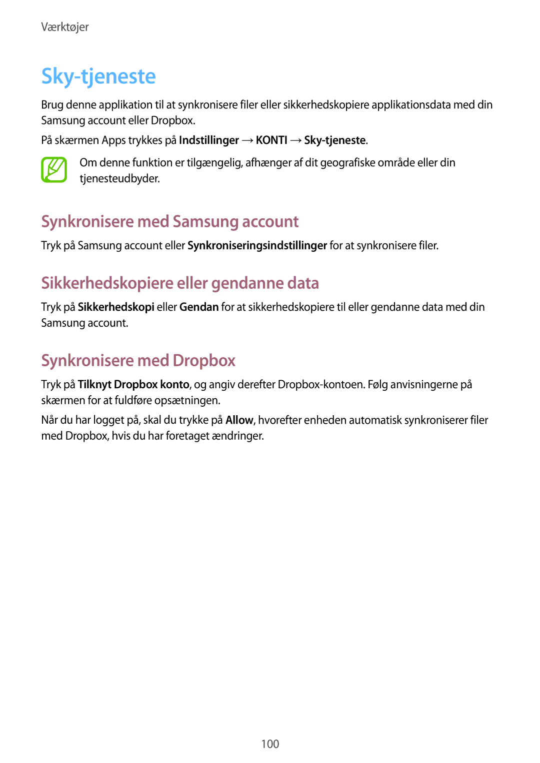 Samsung GT-I9295MOANEE manual Sky-tjeneste, Synkronisere med Samsung account, Sikkerhedskopiere eller gendanne data 