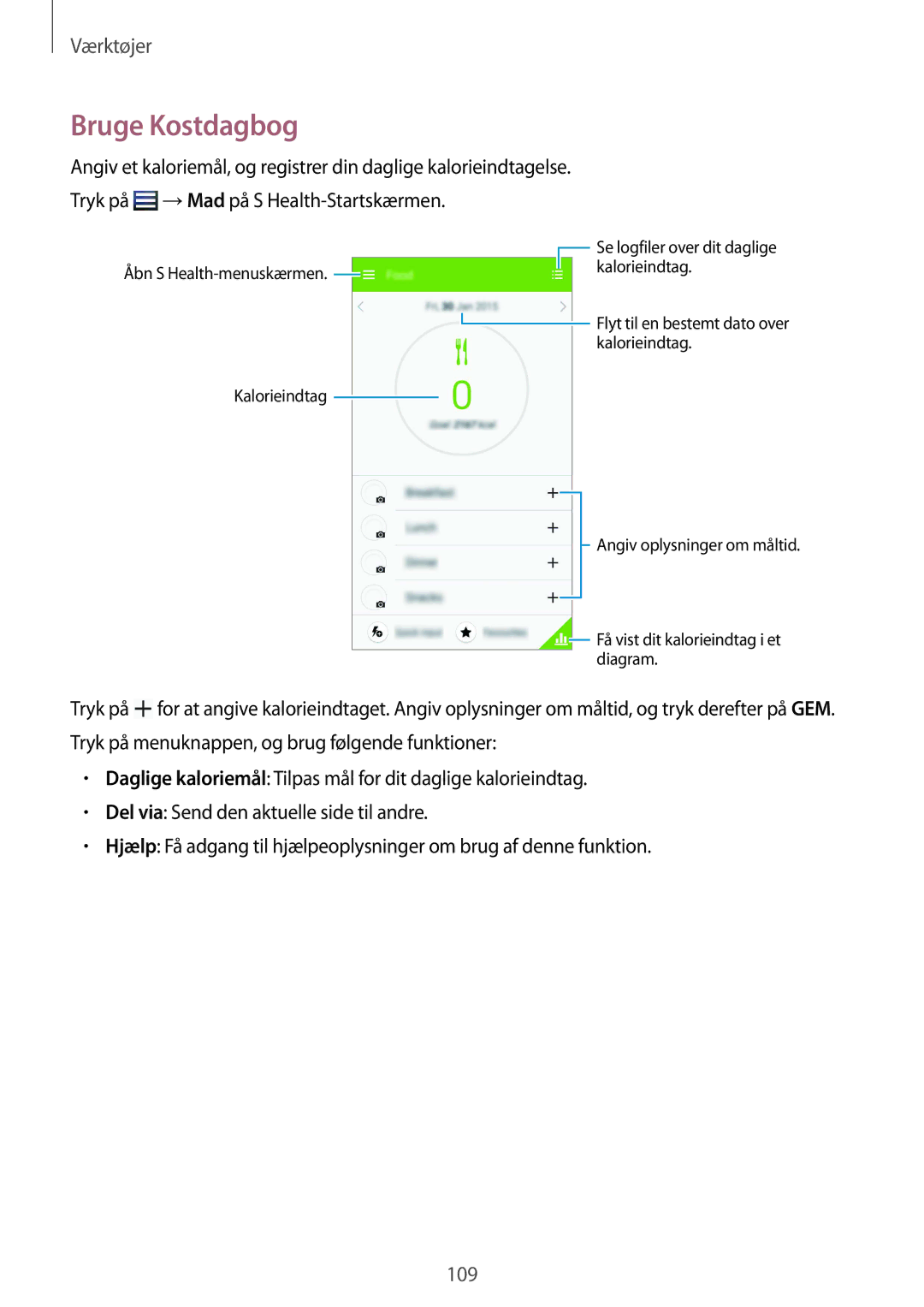 Samsung GT-I9295ZBANEE, GT-I9295MOANEE, GT-I9295ZAANEE, GT-I9295ZOANEE manual Bruge Kostdagbog 