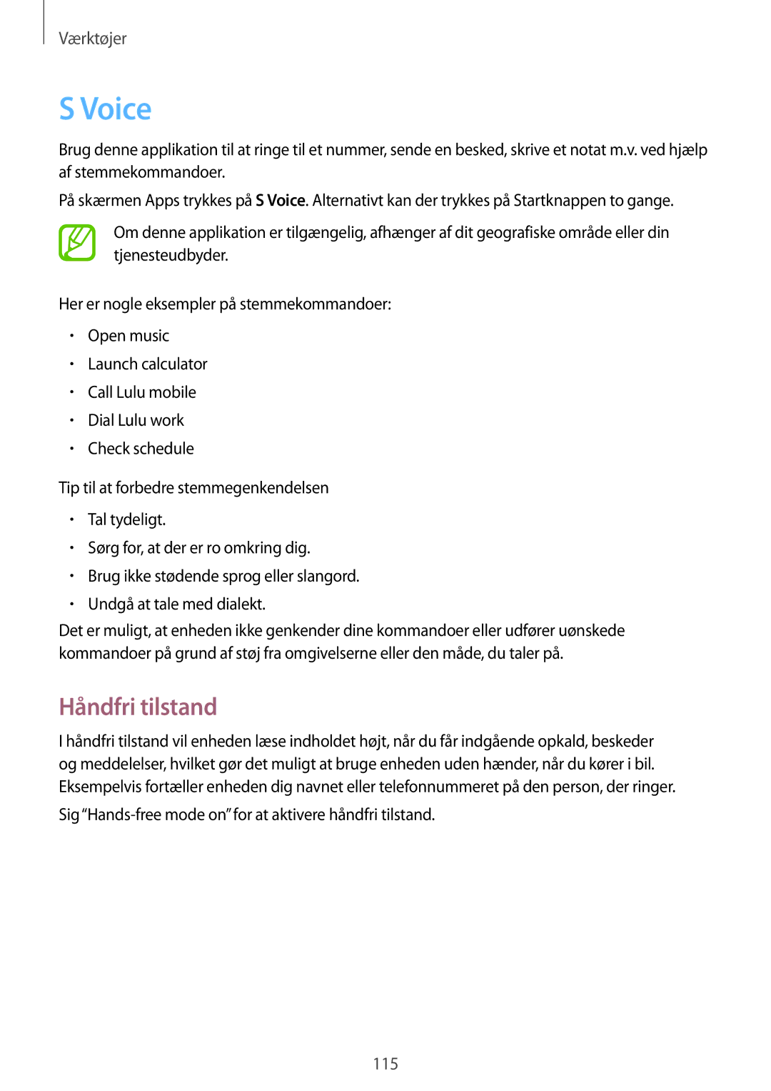 Samsung GT-I9295ZOANEE, GT-I9295MOANEE, GT-I9295ZBANEE, GT-I9295ZAANEE manual Voice, Håndfri tilstand 