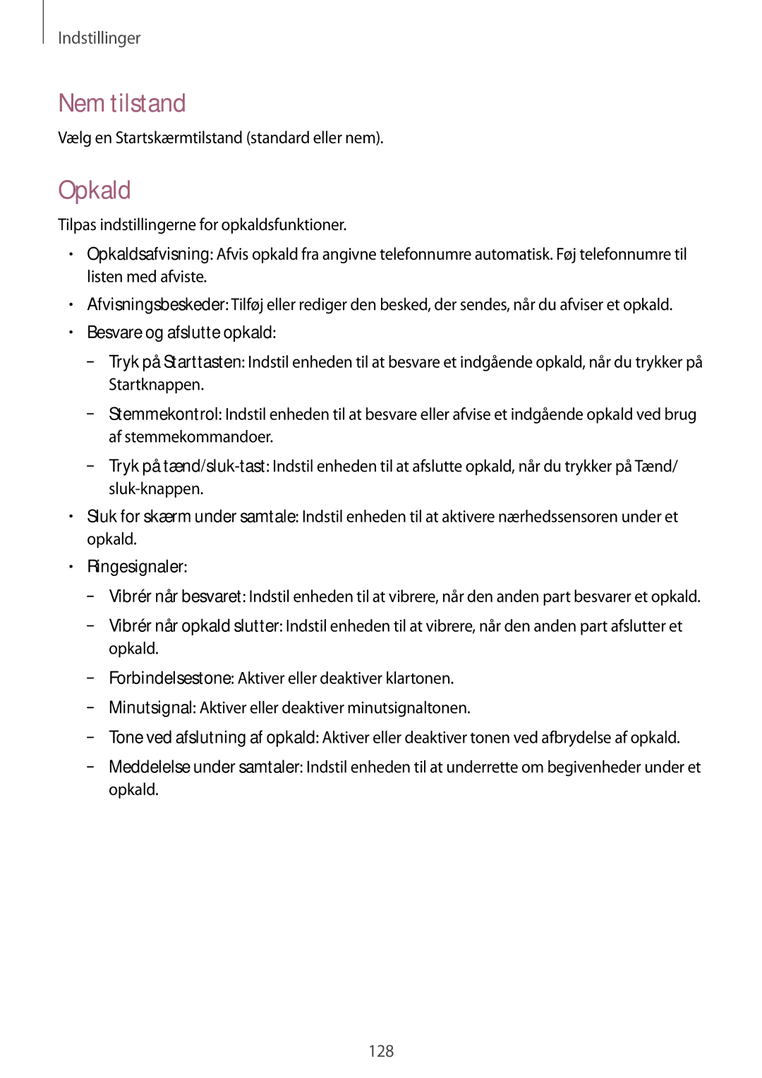 Samsung GT-I9295MOANEE, GT-I9295ZBANEE, GT-I9295ZAANEE manual Nem tilstand, Opkald, Besvare og afslutte opkald, Ringesignaler 