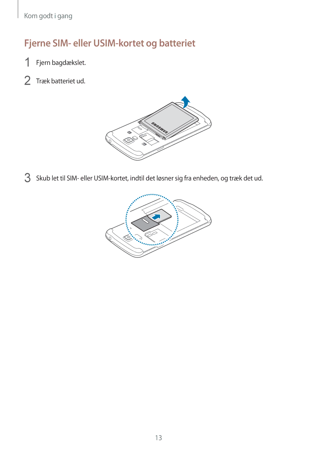 Samsung GT-I9295ZBANEE, GT-I9295MOANEE, GT-I9295ZAANEE, GT-I9295ZOANEE manual Fjerne SIM- eller USIM-kortet og batteriet 