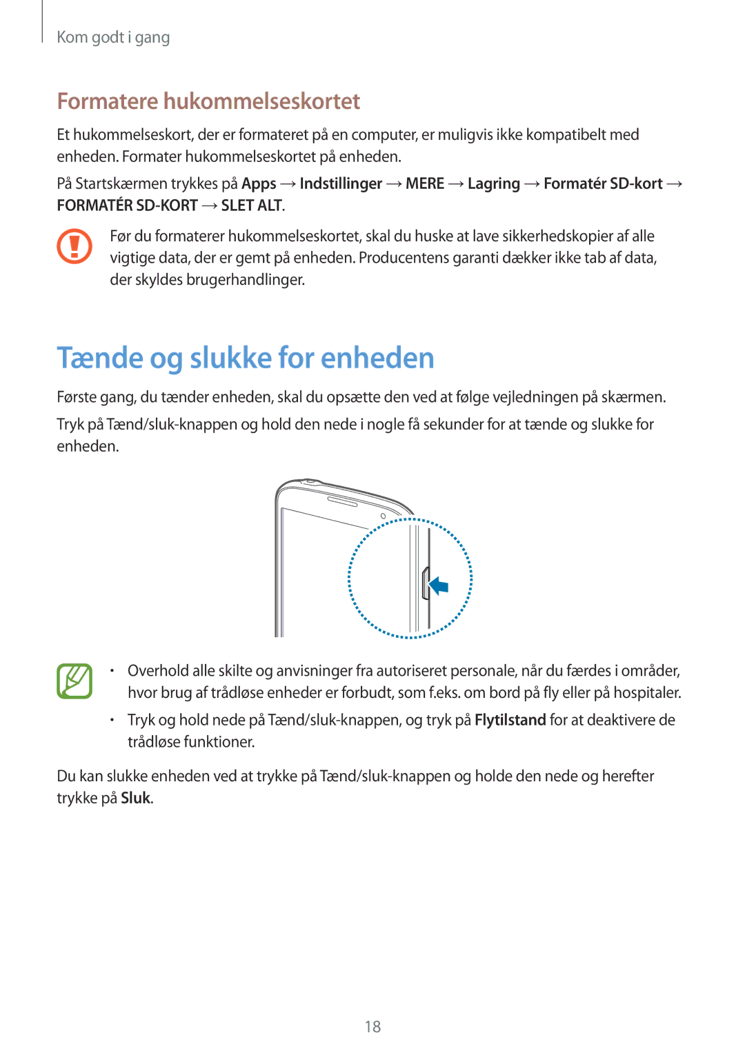 Samsung GT-I9295ZAANEE, GT-I9295MOANEE, GT-I9295ZBANEE manual Tænde og slukke for enheden, Formatere hukommelseskortet 