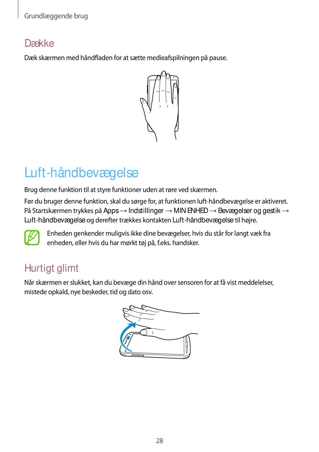 Samsung GT-I9295MOANEE, GT-I9295ZBANEE, GT-I9295ZAANEE, GT-I9295ZOANEE manual Luft-håndbevægelse, Dække, Hurtigt glimt 