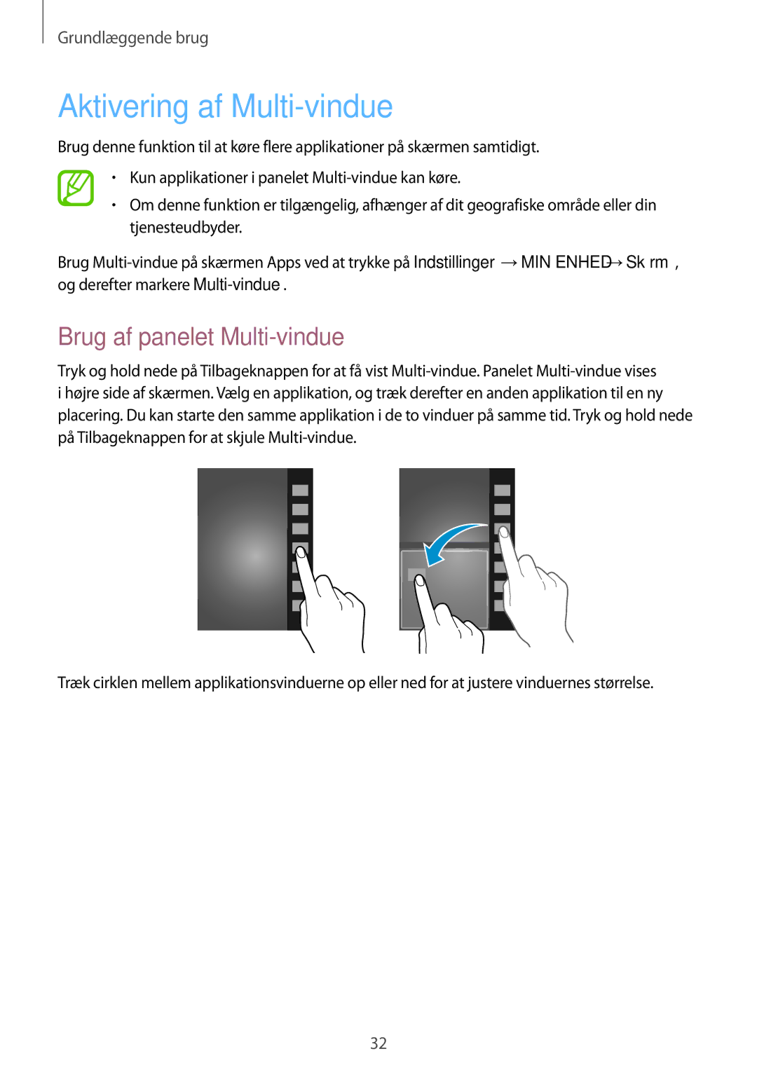 Samsung GT-I9295MOANEE, GT-I9295ZBANEE, GT-I9295ZAANEE manual Aktivering af Multi-vindue, Brug af panelet Multi-vindue 