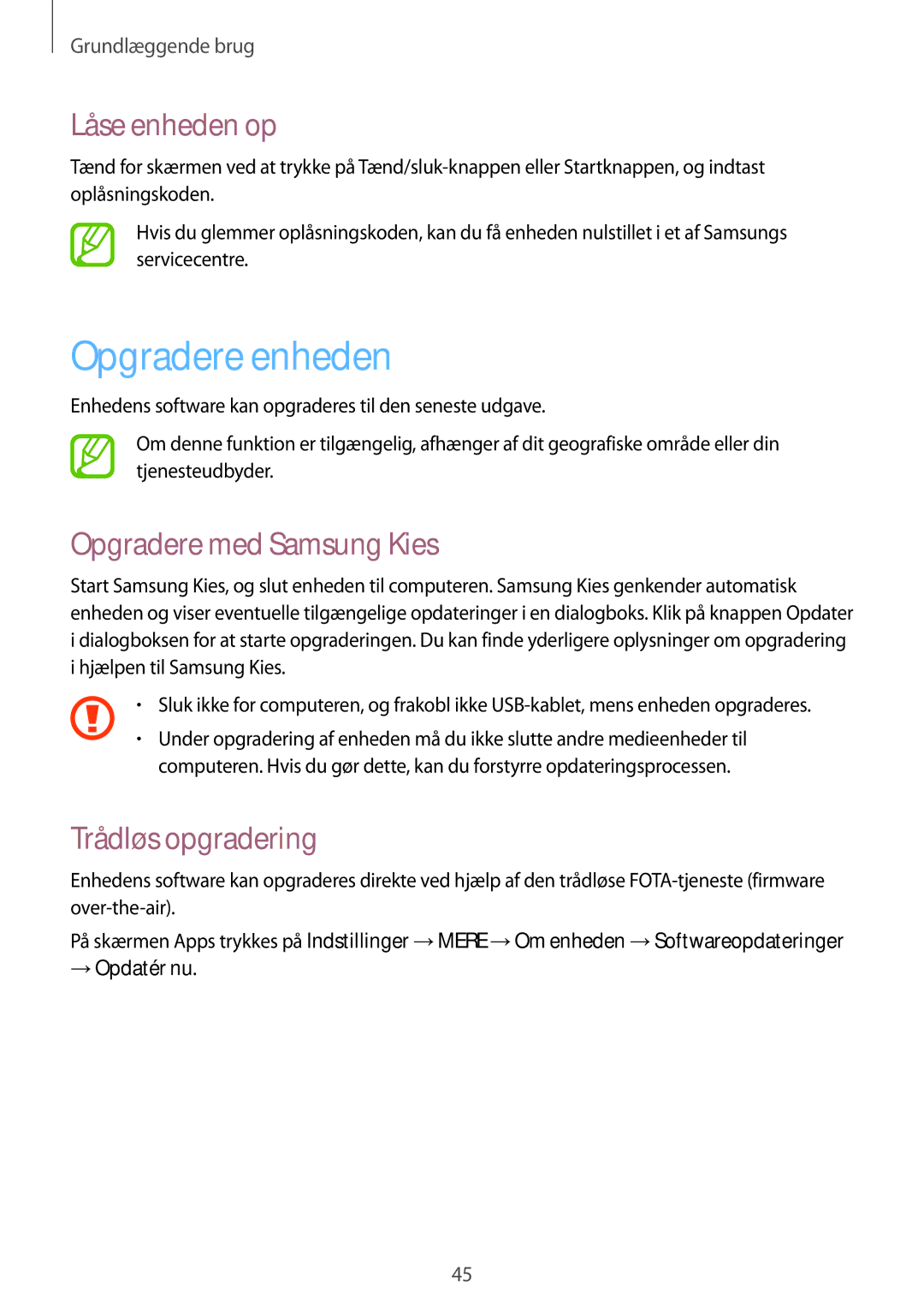 Samsung GT-I9295ZBANEE Opgradere enheden, Låse enheden op, Opgradere med Samsung Kies, Trådløs opgradering, → Opdatér nu 