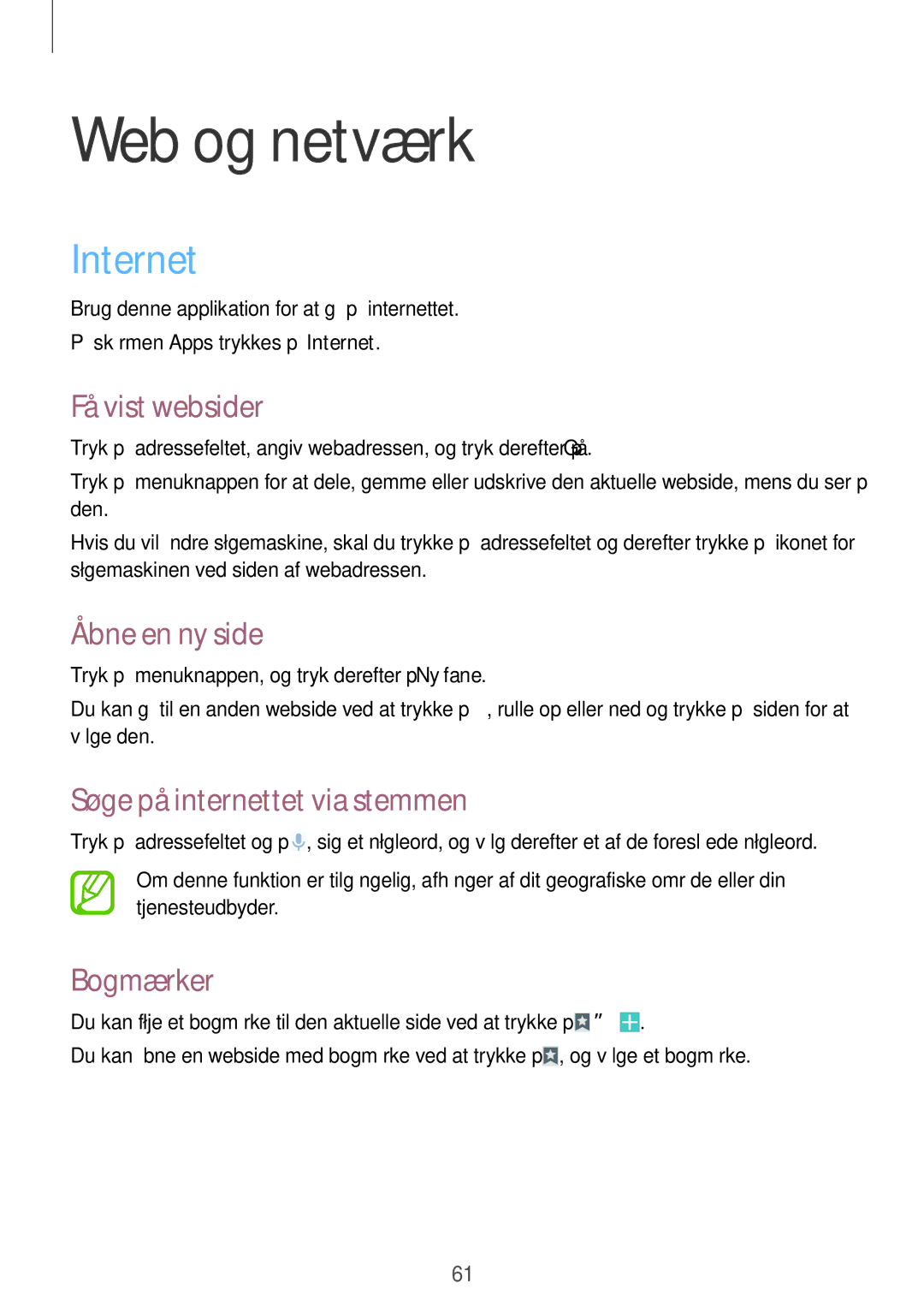 Samsung GT-I9295ZBANEE manual Internet, Få vist websider, Åbne en ny side, Søge på internettet via stemmen, Bogmærker 