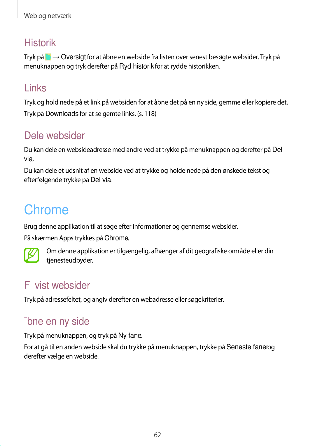 Samsung GT-I9295ZAANEE, GT-I9295MOANEE, GT-I9295ZBANEE, GT-I9295ZOANEE manual Chrome, Historik, Links, Dele websider 