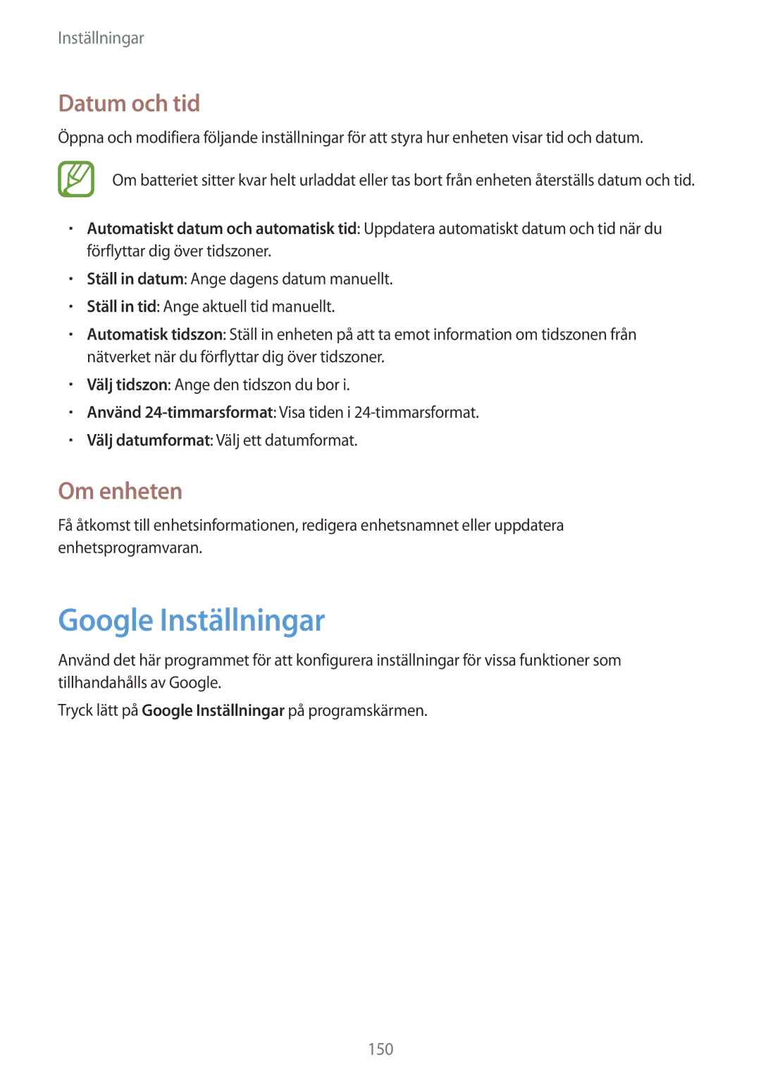 Samsung GT-I9295ZAANEE, GT-I9295MOANEE, GT-I9295ZBANEE, GT-I9295ZOANEE manual Google Inställningar, Datum och tid, Om enheten 