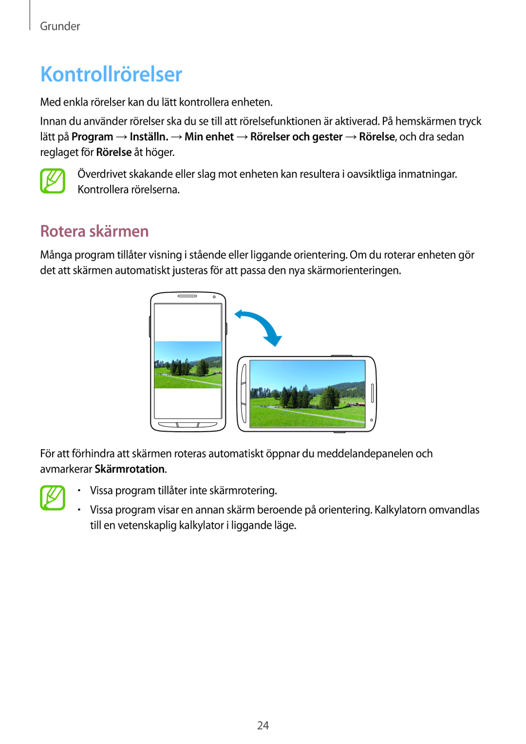 Samsung GT-I9295MOANEE, GT-I9295ZBANEE, GT-I9295ZAANEE, GT-I9295ZOANEE manual Kontrollrörelser, Rotera skärmen 