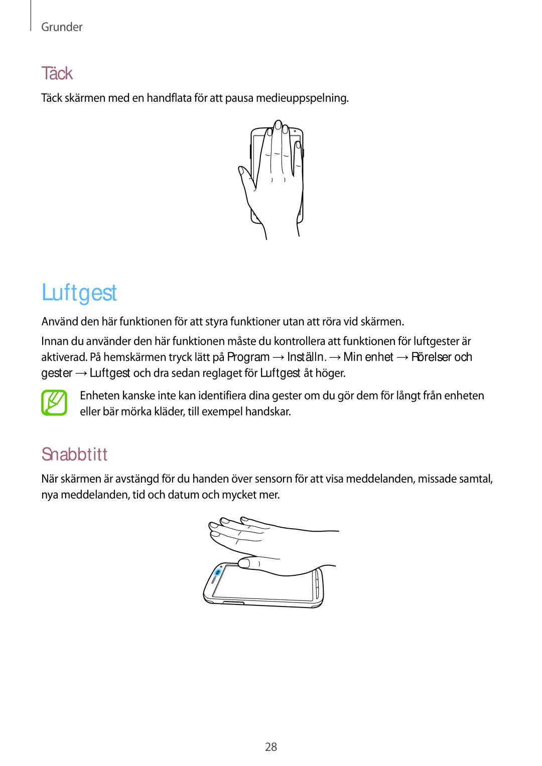 Samsung GT-I9295MOANEE, GT-I9295ZBANEE, GT-I9295ZAANEE, GT-I9295ZOANEE manual Luftgest, Täck, Snabbtitt 